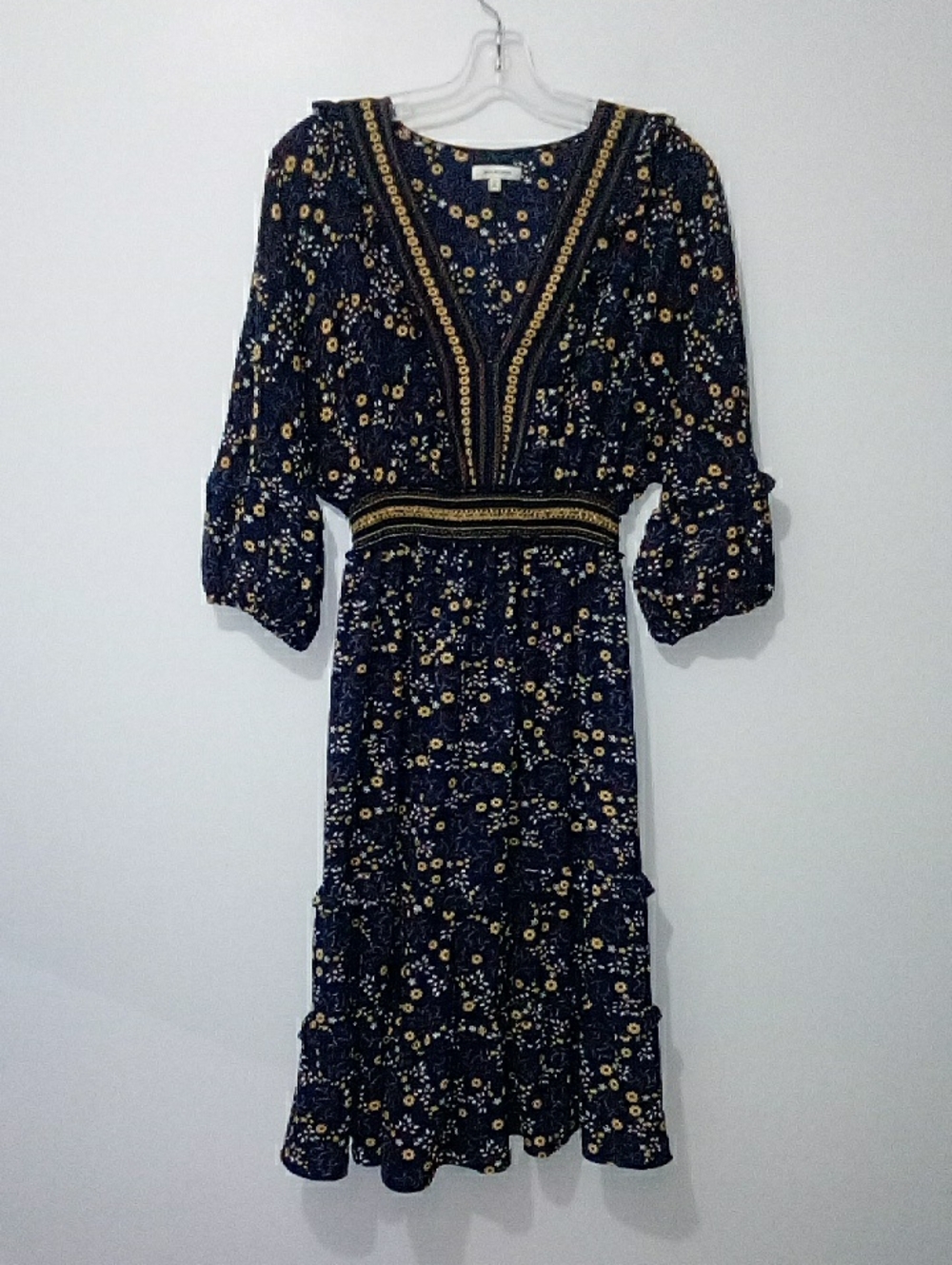 Max Studio Navy Floral Tiered Midi Dress with Frills